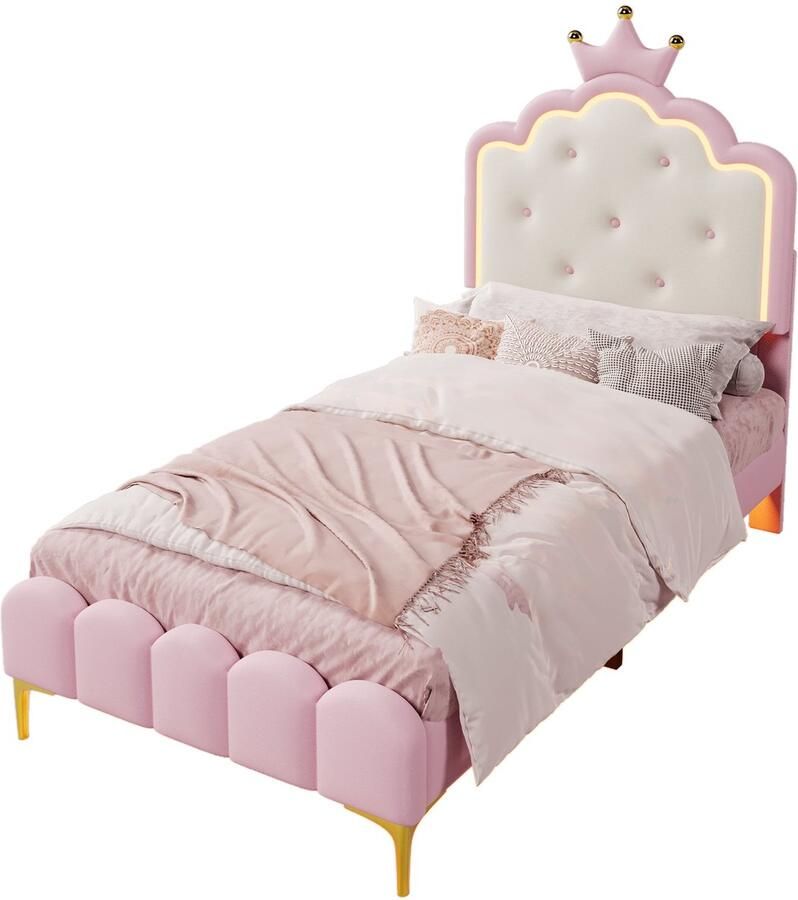 Merax Gestoffeerd Bed 90x200 cm – Prinsessenbed met LED Verlichting en Afstandsbediening – Kunstleer – Inclusief Lattenbodem – Roze