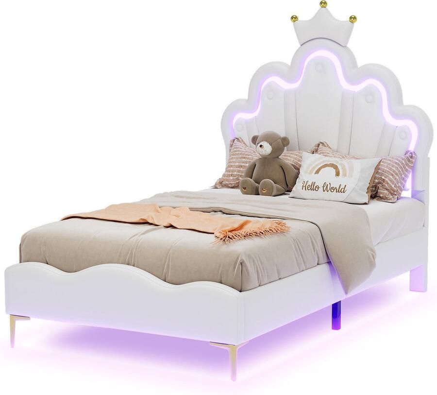 Merax Prinsessen Bed 90 x 200 cm Dubbel Bed met Kroonvormig Hoofdbord Zachte PU Leer Bekleding Verstelbare LED Sfeerverlichting Wit