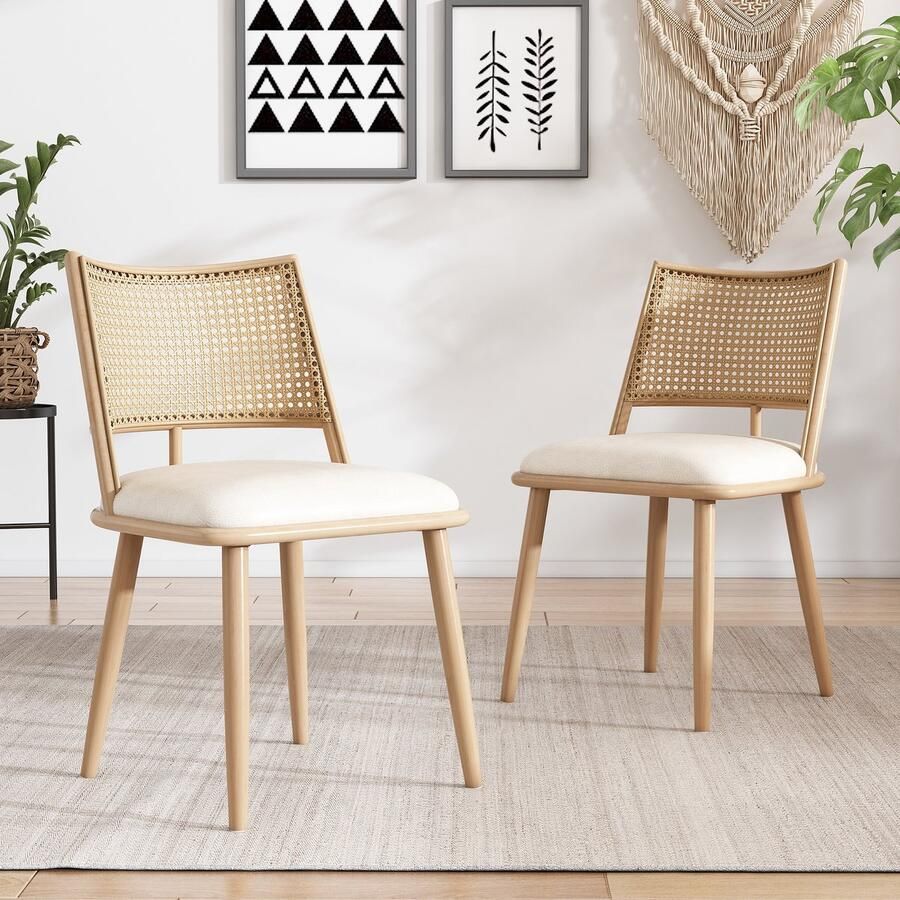 Merax PU eetkamerstoelen set van 2 rotan rugleuning woonkamer slaapkamerstoel beige