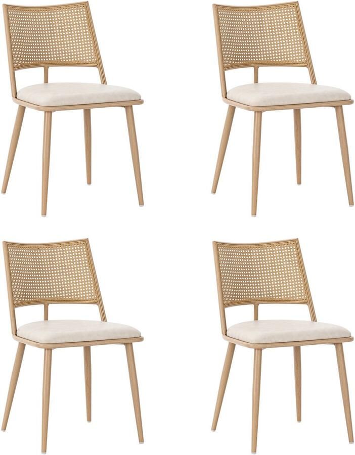 Merax PU eetkamerstoelen set van 4 rotan rugleuning woonkamer slaapkamerstoel beige