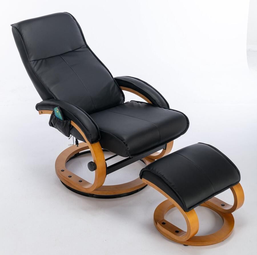 Merax Kunstleer Massage Relaxstoel met Voetenbank 5 Punts Massagesysteem Verstelbare Relaxfunctie en Bentwood Onderstel Voor Woonkamer of Slaapkamer Zwart