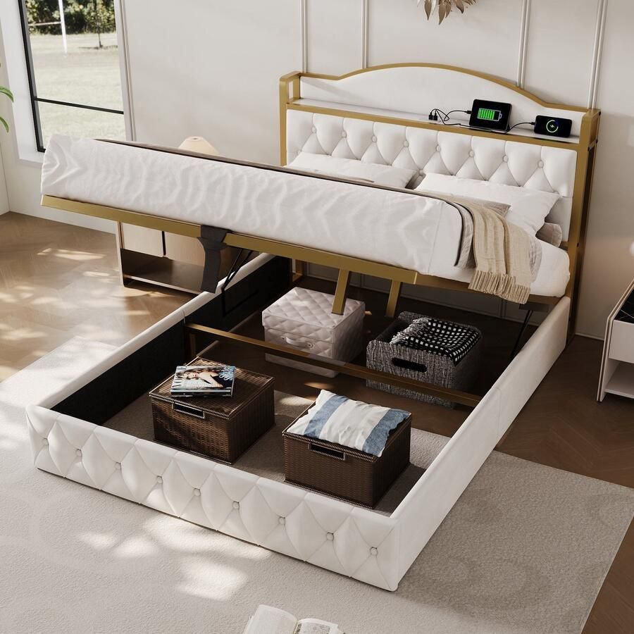 Merax Queensize Bed 160x200 cm met USB-C Aansluiting en Hydraulische Lattenbodem voor Opbergruimte Gestoffeerd Tweepersoonsbed Beige