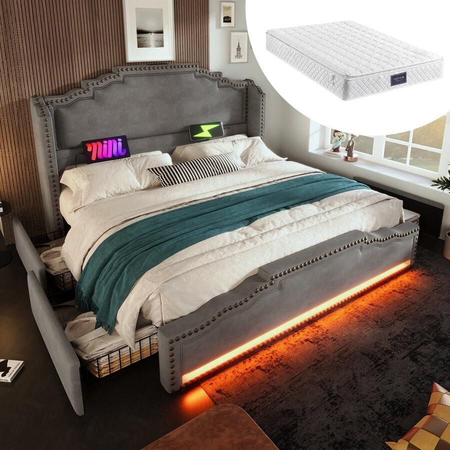 Merax Queensize Bed 160x200 met Matras en 4 Lades – Grijs Fluweel – Tweepersoonsbed met Verlichting en USB-C