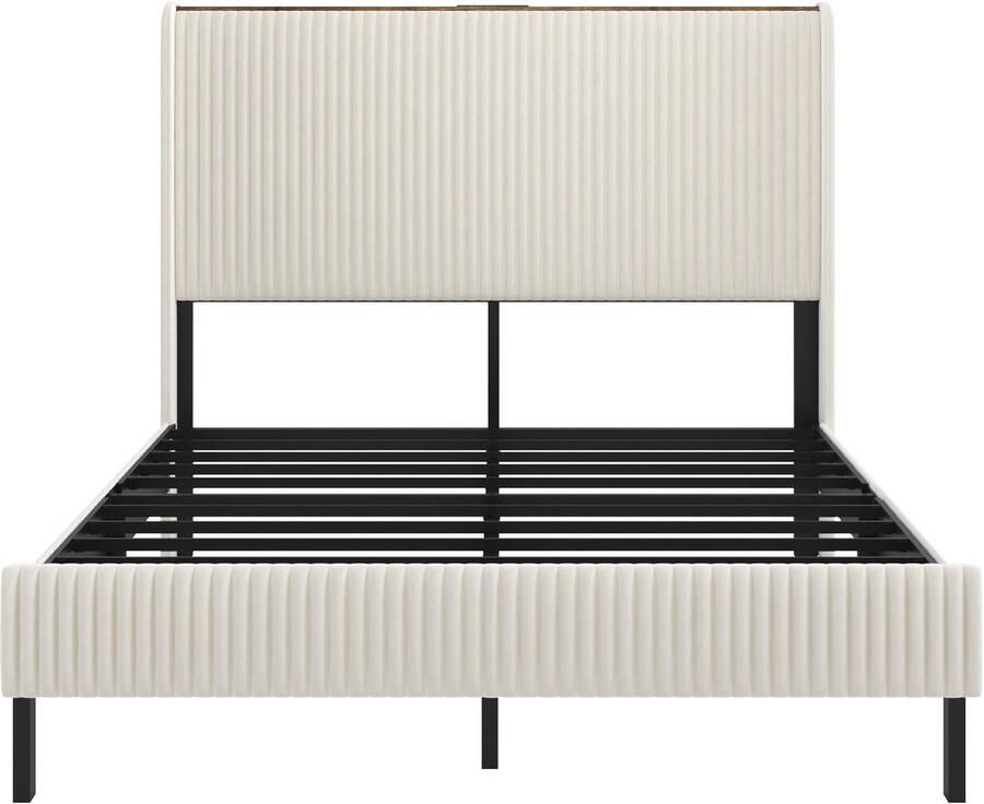 Merax Gestoffeerd Bed 180x200 cm – Modern Platformbed met Hoofdbord en Flügel-Design – Corduroy Stof – Stevig Metalen Frame – Beige