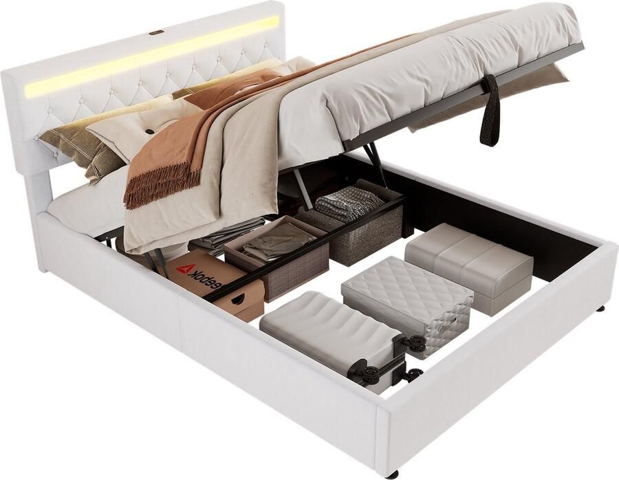 Merax Queensize Bed 160x200cm met Hydraulisch Hefmechanisme voor Opbergruimte Luxe Gestoffeerd Tweepersoonsbed met Verlichting en USB Aansluitingen Wit