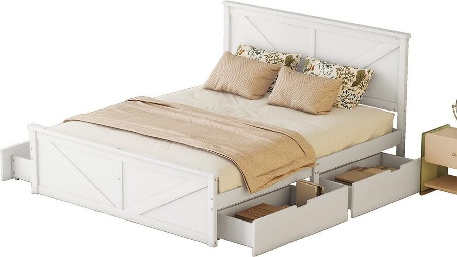 Merax Queensize Tweepersoonsbed 160x200 cm Houten Bed met 4 Opberglades en Hoofdbord Wit