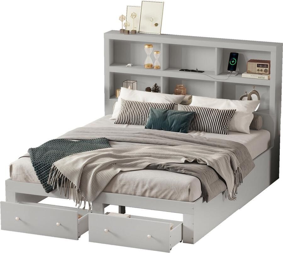 Merax Queensize Tweepersoonsbed 160x200 cm Houten Platform Bed met Twee Lades en Hoofdbord met Opbergruimte Grijs