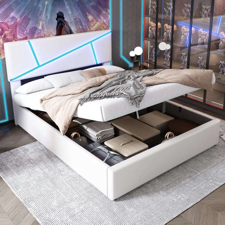 Merax Queensize Tweepersoonsbed 160x200 cm in Kunstleer Gestoffeerd Luxe Bed met LED-Verlichting en Hydraulisch Opbergruimte onder Lattenbodem Wit