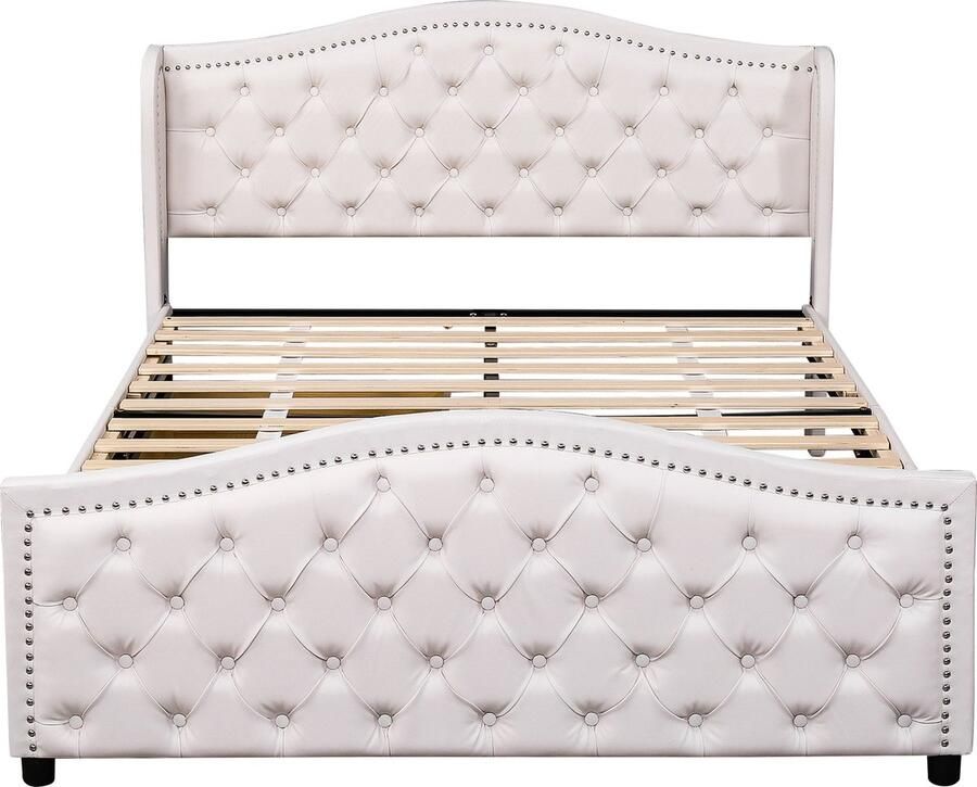 Merax Queensize Tweepersoonsbed 160x200 cm Kunstleer Gestoffeerd Bed met Lattenbodem en 2 Laden Bedframe met Decoratieve Hoofdbord met Nieten Wit