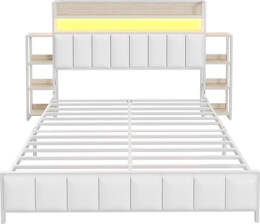 Merax Queensize Tweepersoonsbed 160x200 cm Kunstleer Gestoffeerd Bed met Opslag en LED Verlichting Bedframe Inclusief Hoofdbord met Planken Wit Imitatieleer