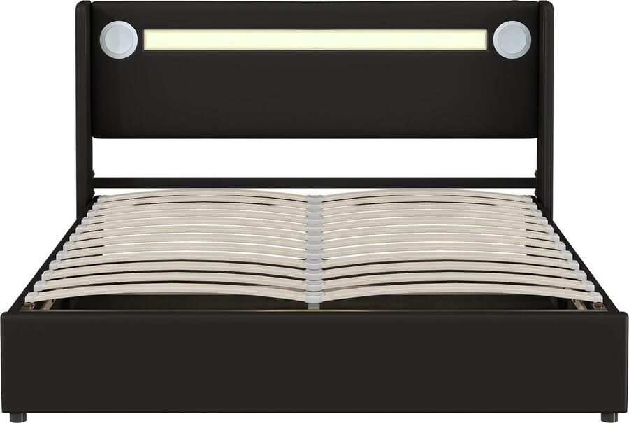Merax Queensize Tweepersoonsbed 160x200 cm Kunstleer Gestoffeerd Bedframe met LED-Verlichting en Bluetooth-Player Bed met USB-Aansluiting en Hydraulische Opbergruimte Zwart
