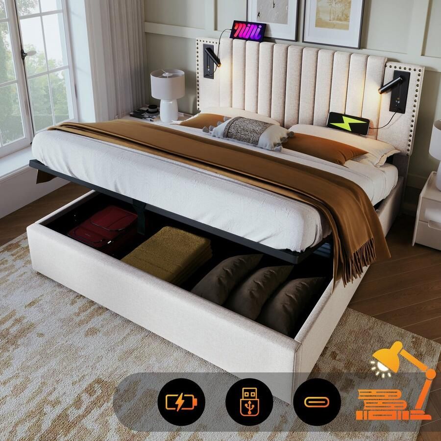 Merax Queensize Tweepersoonsbed 160x200 cm met Hydraulische Opbergruimte en Leeslamp Gestoffeerd Bed met Verstelbaar Hoofdbord en USB Type-C Aansluiting Beige - Foto 3