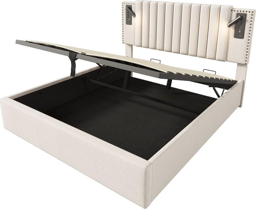 Merax Queensize Tweepersoonsbed 160x200 cm met Hydraulische Opbergruimte en Leeslamp Gestoffeerd Bed met Verstelbaar Hoofdbord en USB Type-C Aansluiting Beige - Foto 2