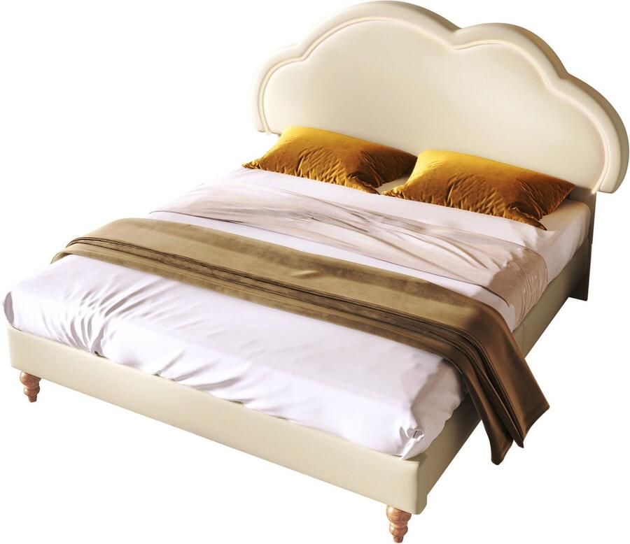Merax Queensize Tweepersoonsbed 160x200 cm met LED-Verlicht en Wolkvormig Verstelbaar Hoofdbord Kunstleer Gestoffeerd Kinderbed Crème Wit