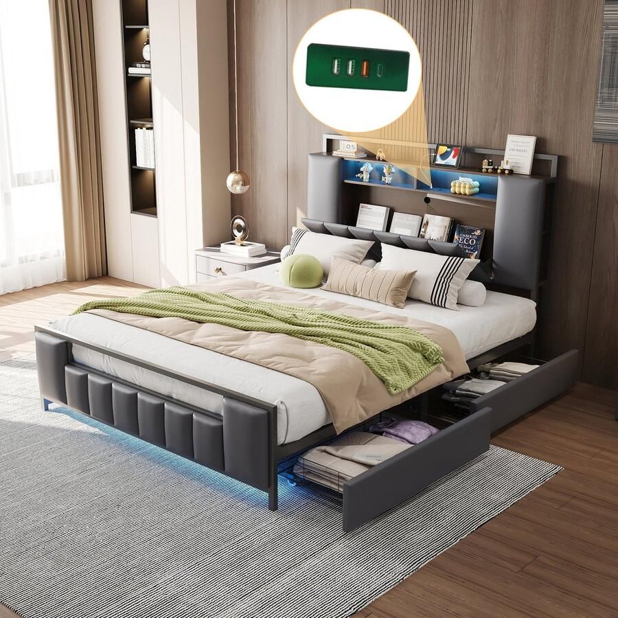 Merax Queensize Tweepersoonsbed 160x200 cm met LED-Verlichting en USB Aansluiting Luxe Kunstleer Gestoffeerd Bedframe met Opbergruimte in Hoofdbord en 4 Lades Grijs