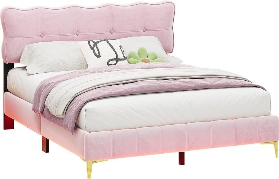 Merax Queensize Tweepersoonsbed 160x200 cm met LED-Verlichting Fluweel Gestoffeerd Bed met Hoofdbord en Metalen Poten Roze