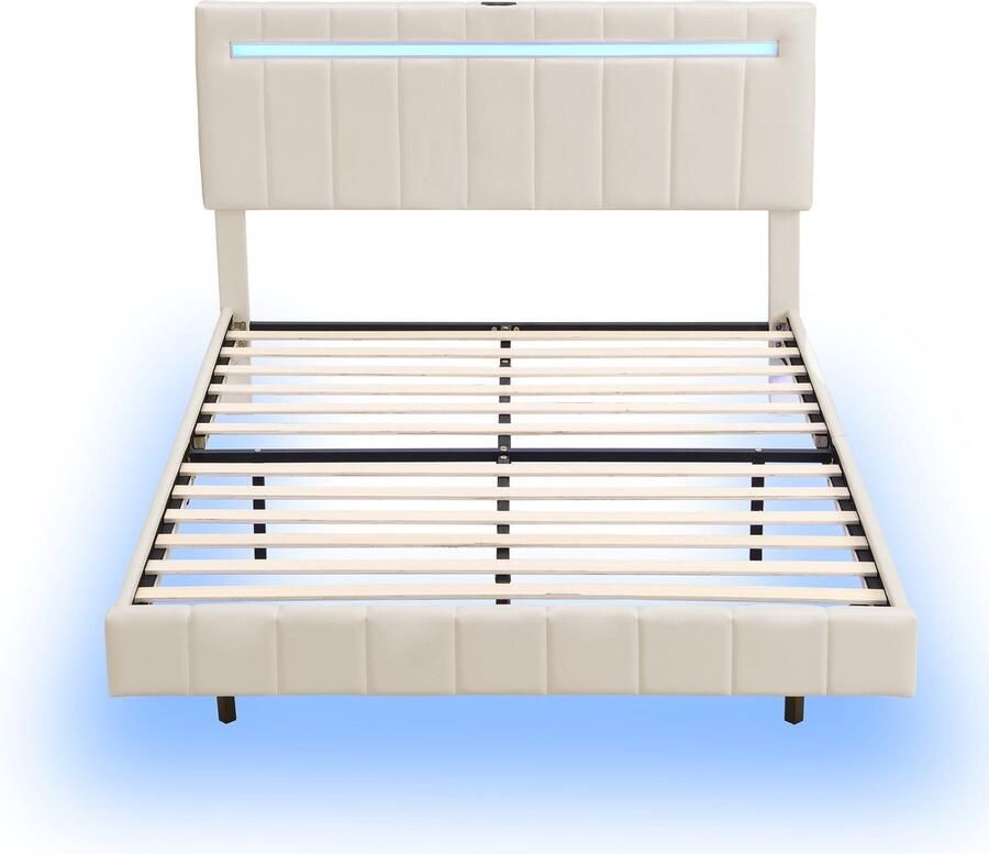 Merax Queensize Tweepersoonsbed 160x200 cm met LED-Verlichting Gestoffeerd Bed met Zwevend Bedframe Beige - Foto 2