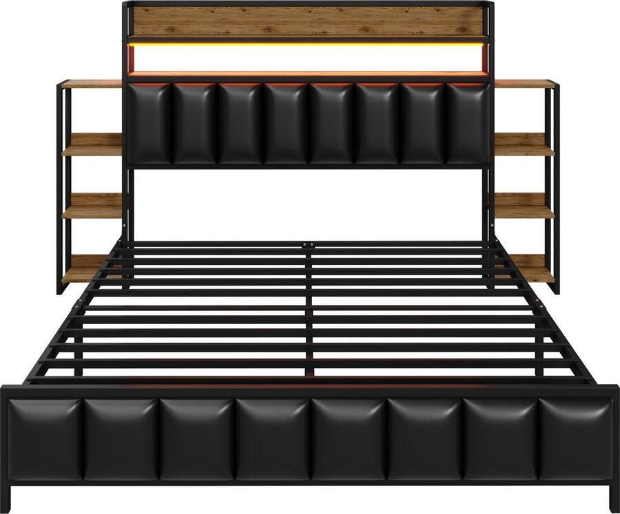 Merax Queensize Tweepersoonsbed 160x200 cm met Opbergruimte en LED-Verlichting Kunstleer Gestoffeerd Bedframe met Multifunctionele Hoofdbord Zwart