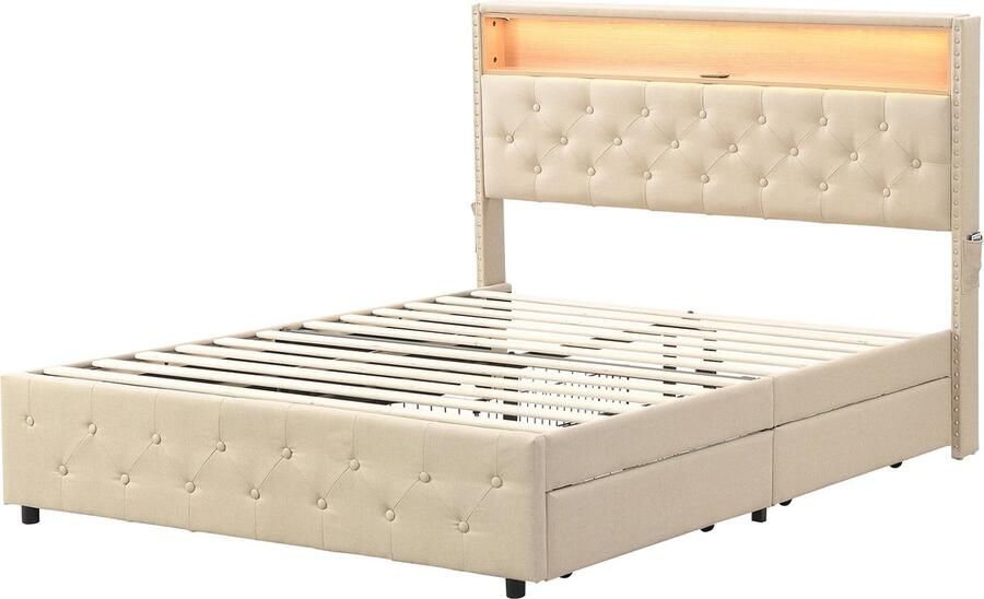 Merax Queensize Tweepersoonsbed 160x200 cm met USB-Aansluiting en LED-Verlichting Luxe Gestoffeerd Bed met 4 Lades Beige