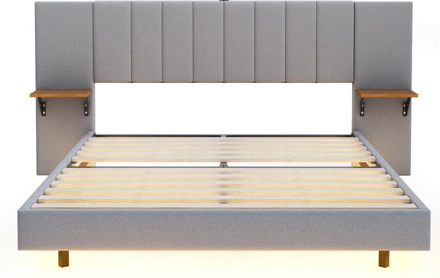 Merax Queensize Tweepersoonsbed 160x200 cm met Verlengd Hoofdbord Inclusief Planken Luxe Bed met USB Aansluiting en LED-Verlichting Grijs