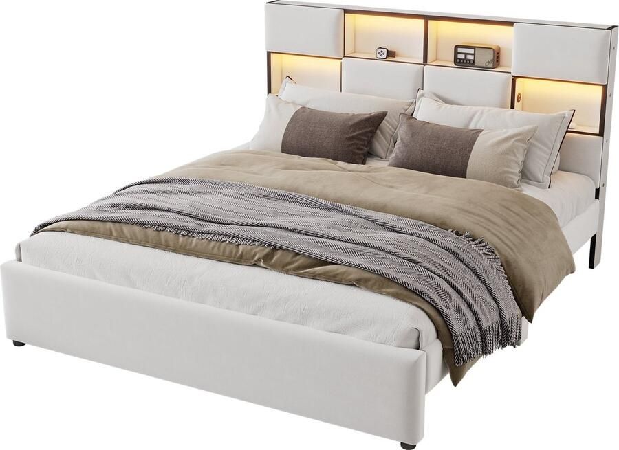Merax Queensize Tweepersoonsbed 160x200 cm met Verstelbare LED Verlichting en USB Aansluiting Bed met Opbergvakken in Hoofdbord Beige