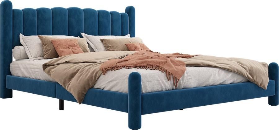 Merax Kingsize Tweepersoonsbed 180x200 cm Luxe Velvet Gestoffeerd Bed met Stijlvol Waaier-vormig Hoofdbord Blauw
