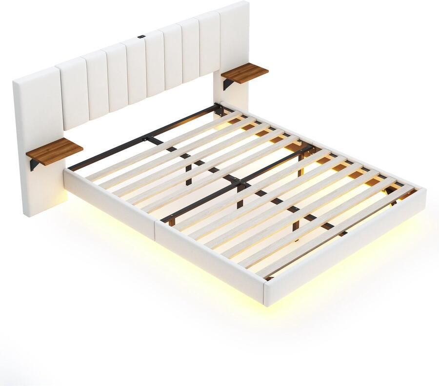 Merax Queensize Tweepersoonsbed 160x200 cm Zwevend Bedframe met LED-Verlichting en USB Aansluiting Luxe Bed met Verlengd Hoofdbord Inclusief Nachtkastjes Beige