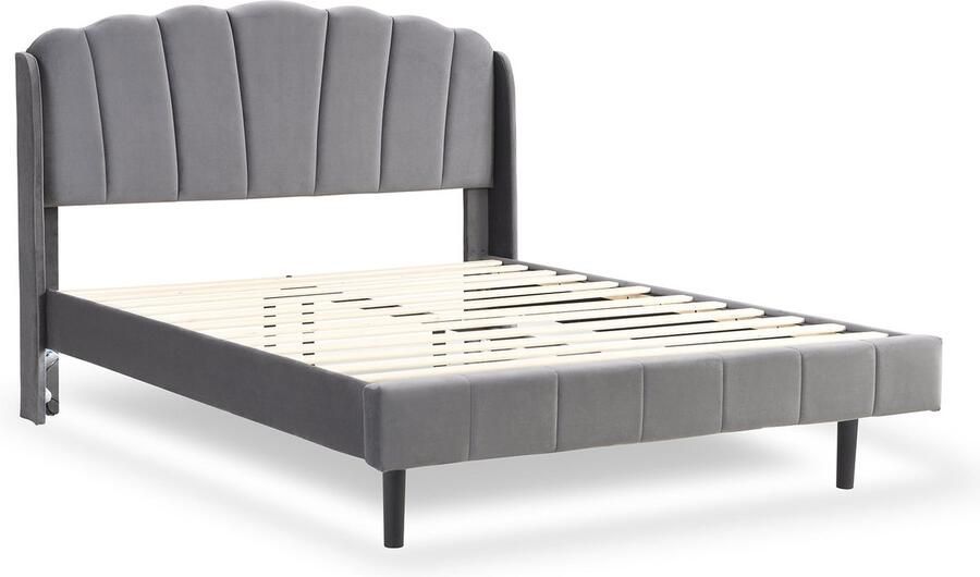 Merax Queensize Tweepersoonsbed 160x200cm Gestoffeerd Bed met Bewegingsgevoelige LED Verlichting Fluwelen Bedframe Grijs