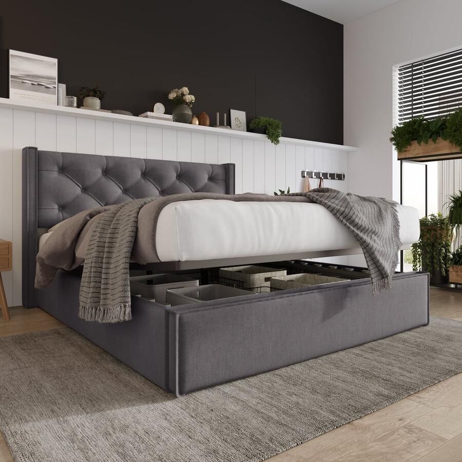 Merax Queensize Tweepersoonsbed 160x200cm Gestoffeerd Bed met Metalen Lattenbodem Modern Bedframe met Hydraulische Opbergruimte Grijs