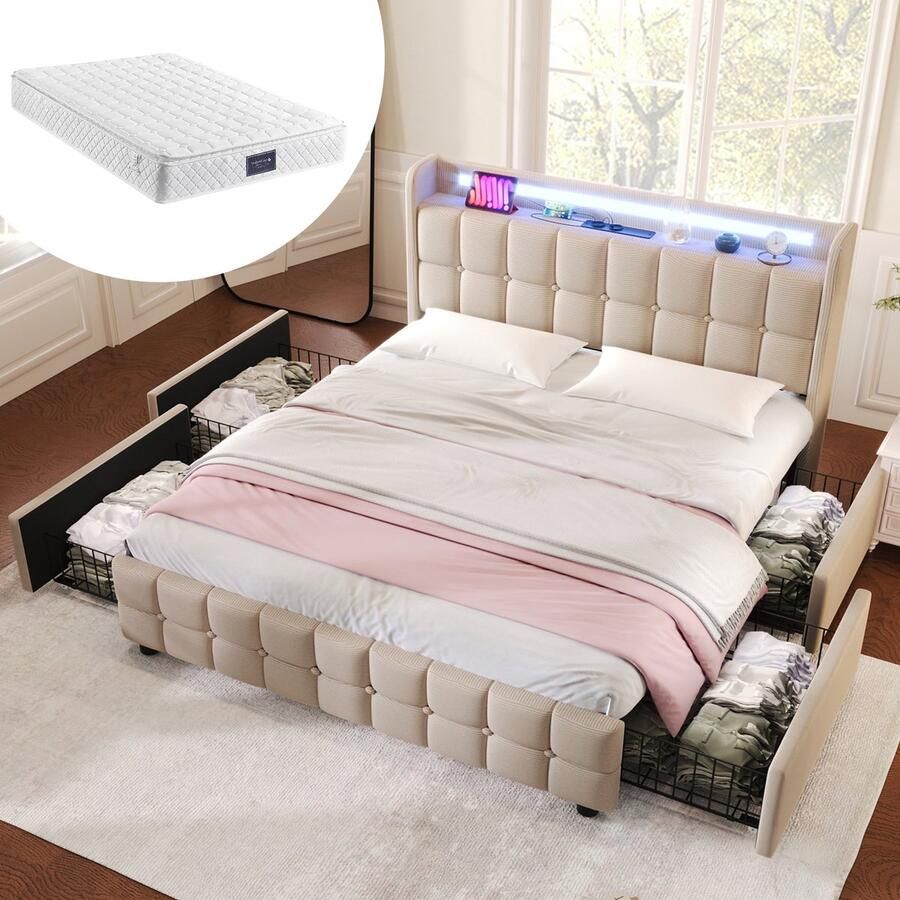 Merax Queensize Tweepersoonsbed 160x200cm Inclusief Koudschuim Matras en 4 Lades Gestoffeerd Bed met USB Oplaadfunctie en LED-Verlichting Beige