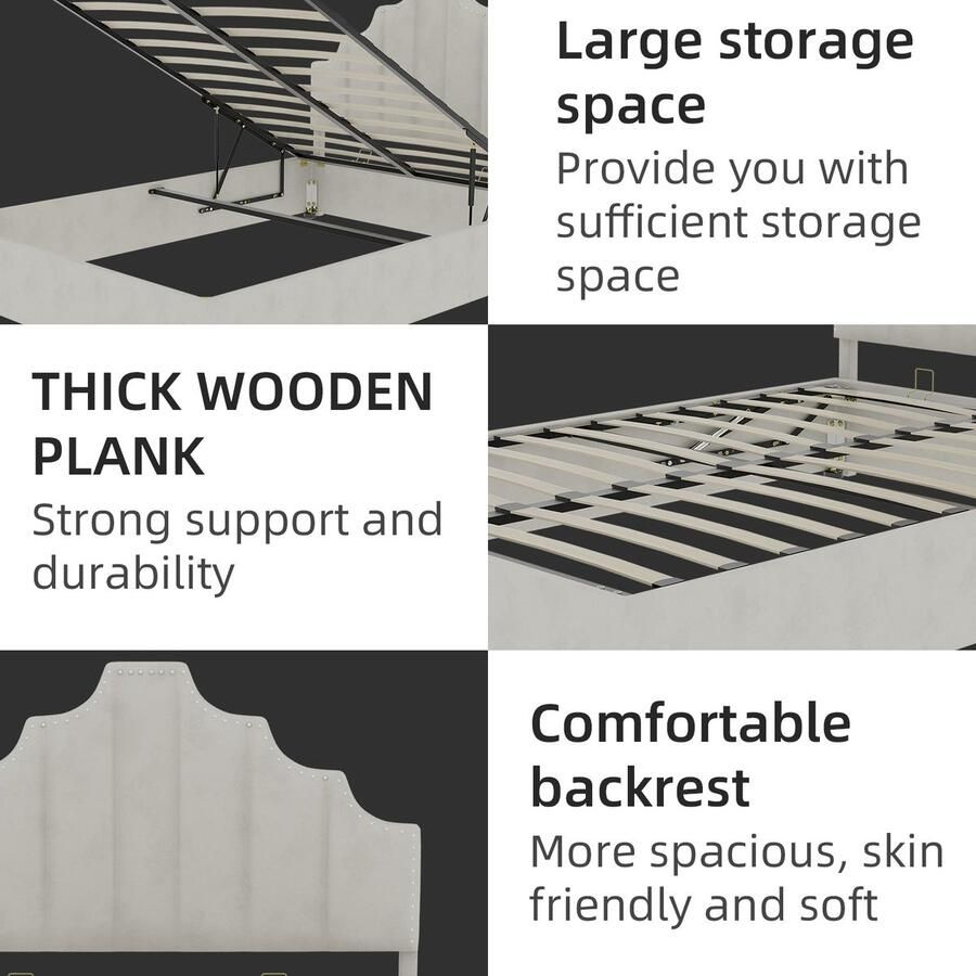 Merax 160x200cm Gestoffeerd Bed – Beige – Comfortabel Hoofdeinde – Hoog Bedframe met Hydraulische Mechanisme – Multifunctioneel Slaapmeubel – Matras Niet Inclusief