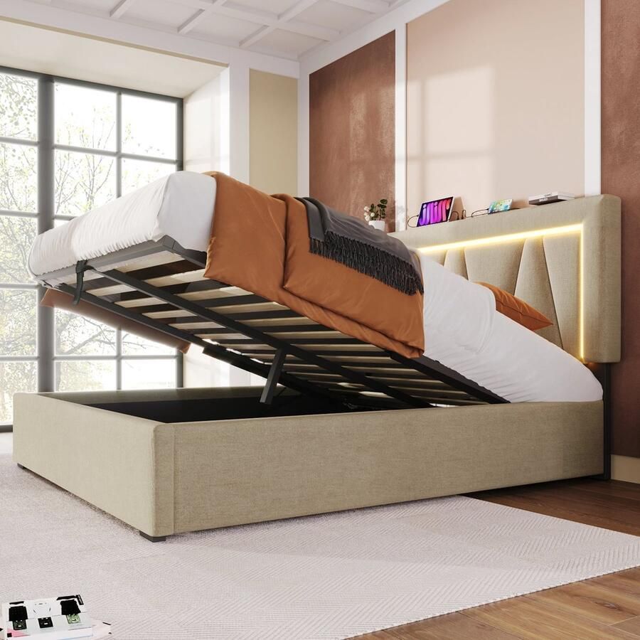 Merax Queensize Tweepersoonsbed Inclusief Koudschuim Matras Luxe Gestoffeerd Bed met LED-Verlichting en USB-C Aansluiting Linnen Bedframe Beige - Foto 2
