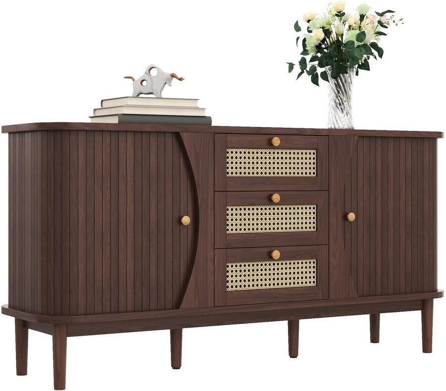Merax Rattan Dressoir 140 cm Houten Sideboard met Schuifdeuren en Lades Verstelbare Planken en Afgeronde Hoeken – Kast voor Woonkamer of Eetkamer