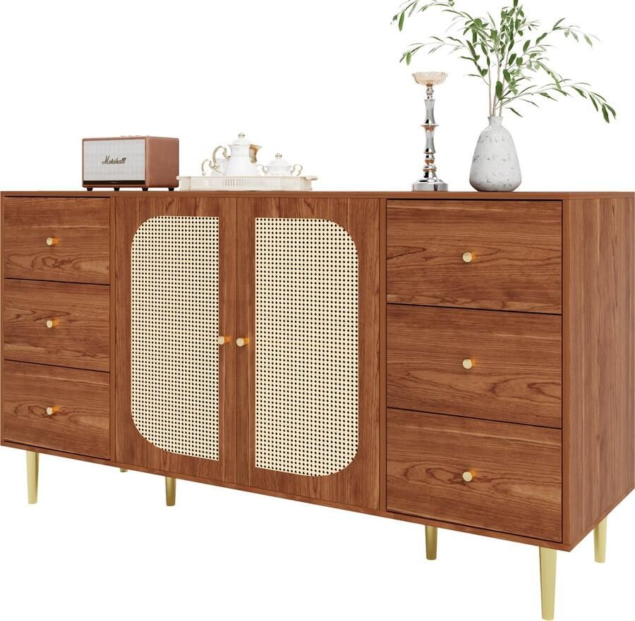 Merax Rattan Dressoir Bruin 160x40x90 cm Met Lades En Deuren Opbergkast Voor Woonkamer Of Eetkamer