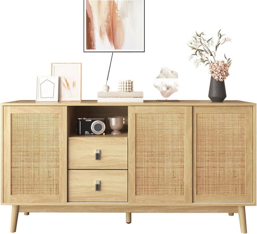 Merax Rattan Dressoir Houten Sideboard met 3 Schuifdeuren van Echt Riet en 2 Lades Opbergkast 155x38x80 cm Massiefhouten Poten Voor Woonkamer Hal of Eetkamer