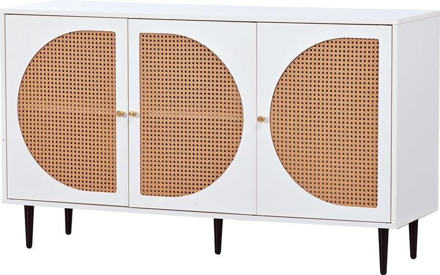 Merax Rattan Dressoir met 3 Deuren – Moderne Opbergkast met Metalen Handgrepen en Verstelbare Planken – Wit – 129 8 x 40 x 76 cm – Voor Woonkamer Hal of Slaapkamer