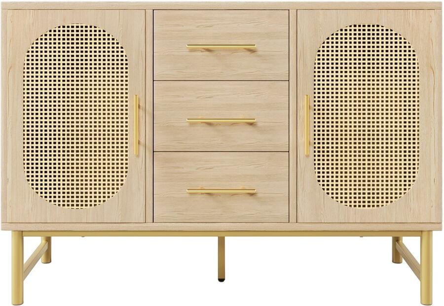 Merax Rattan Kommode – Dressoir Met 3 Lades En 2 Deuren – Opbergkast Met Verstelbare Planken – Metalen Handgrepen – Kipbeveiliging – Houtlook – 120 x 40 x 74 cm – Sonoma Eik