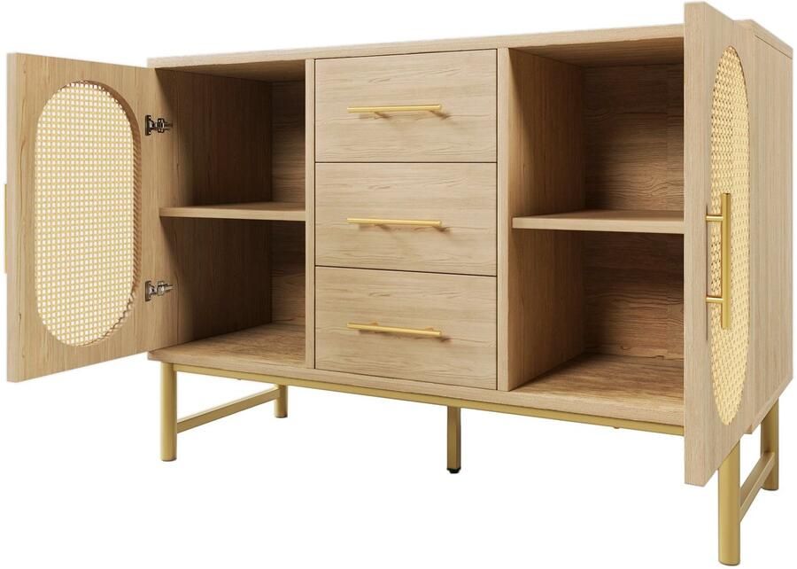 Merax Rattan Kommode – Dressoir Met 3 Lades En 2 Deuren – Opbergkast Met Verstelbare Planken – Metalen Handgrepen – Kipbeveiliging – Houtlook – 120 x 40 x 74 cm – Sonoma Eik - Foto 2