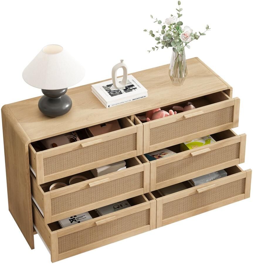 Merax Rotan Dressoir 130 cm Lage Kast Met 6 Lades En Afgeronde Hoeken Voor Woonkamer Slaapkamer Of Keuken