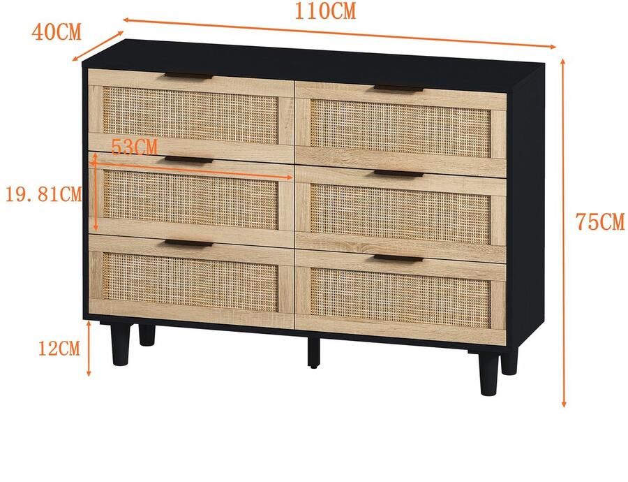 Merax Rattan Opbergkast met 6 Lades 110CM Zwart voor Slaapkamer en Woonkamer