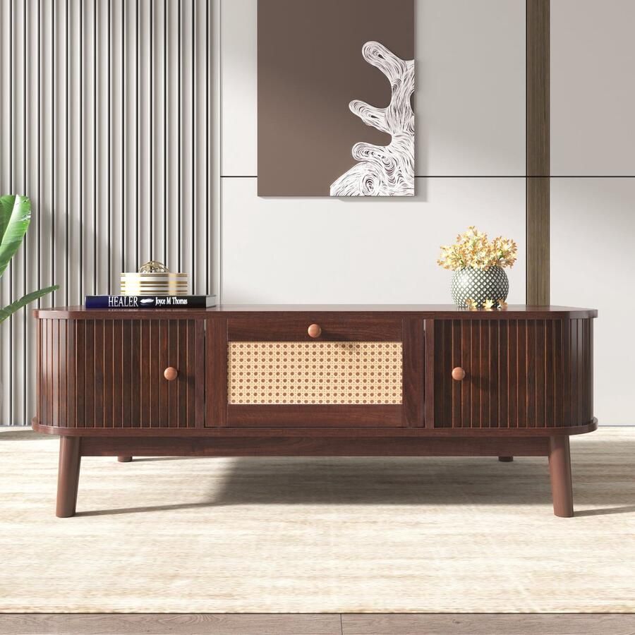 Merax Rattan Salontafel Elegante Tafel met Massief Houten Deuren en Rattan Lades Natuurlijk Landhuisstijl