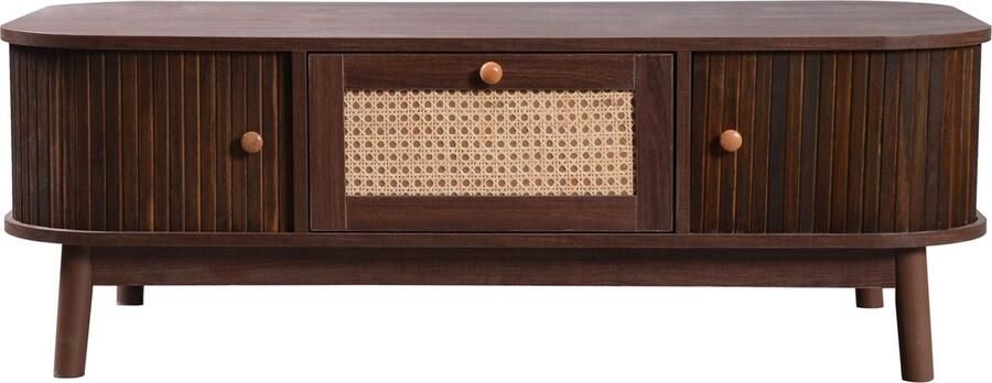 Merax Rattan Salontafel Elegante Tafel met Massief Houten Deuren en Rattan Lades Natuurlijk Landhuisstijl - Foto 2