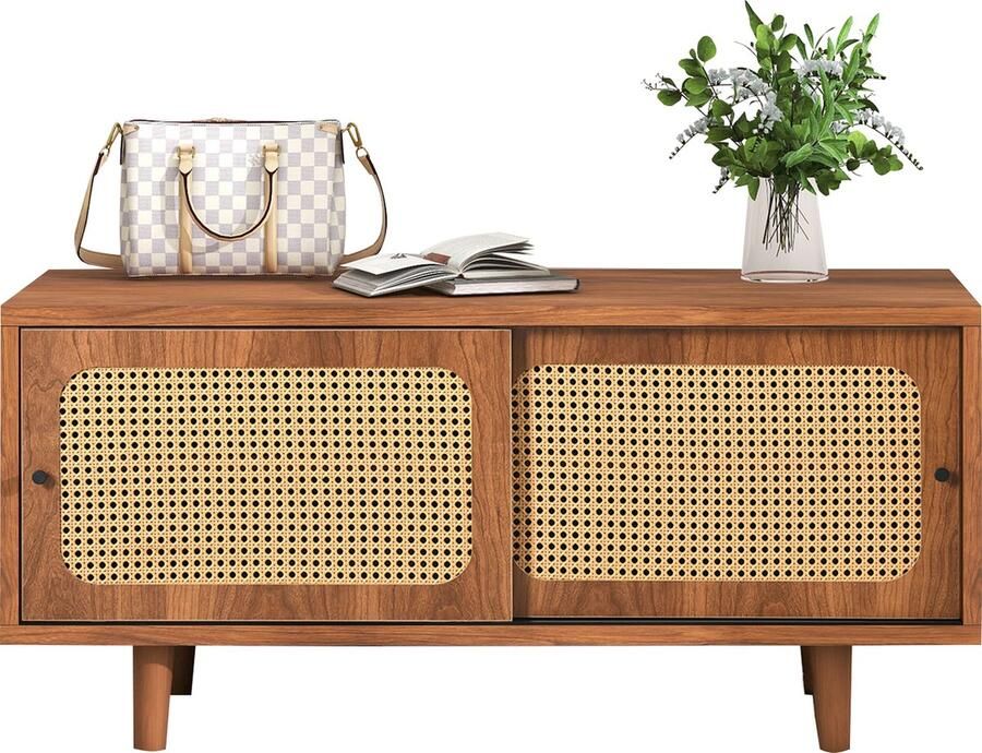 Merax Rattan Schuhschrank mit 2 Türen mit verstellbare Ablage Walnussfarbe formschöner Schuhschrank für Flur Wohn- und Schlafzimmer 104*40*48 cm
