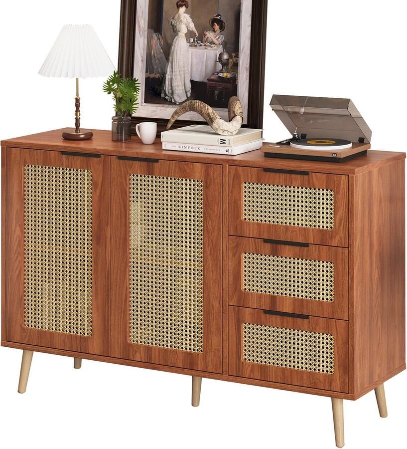 Merax Rattan Sideboard 120x38x78 cm Kast met 2 Deuren 3 Lades MDF Opbergkast met Zwarte Handgrepen Vintage Dressoir Walnoot Bruin