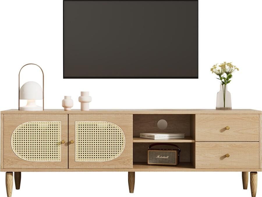 Merax Rattan-TV-Schrank 150x40x50 cm Met 2 Rattantüren 2 Schubladen Verstelbaar Regal en Kabelmanagement Geschikt voor Tot 60 Inch Televisies