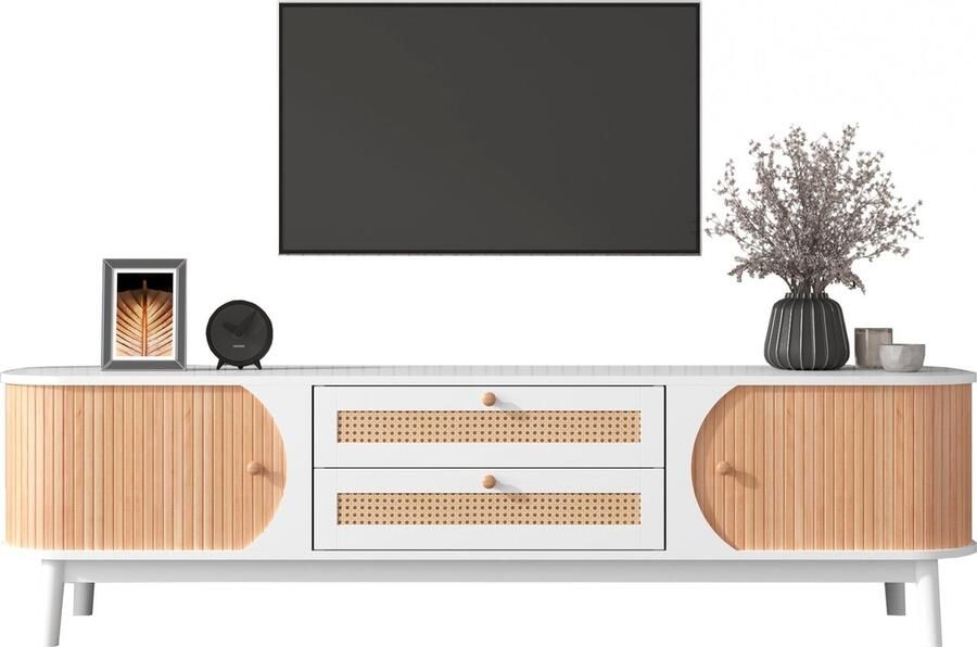 Merax TV-Schrank in Natürlichem Holz-Blend – Elegante TV-Ständer mit Rattanseiten und Schubladen