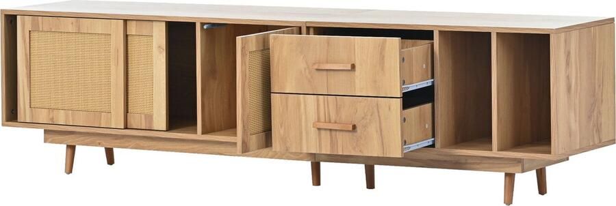 Merax Rattan TV-Meubel voor 80 Inch TV's Modern Farmhouse Lowboard met Rattan Deuren en Verstelbare Planken (Natuurlijk Eiken)