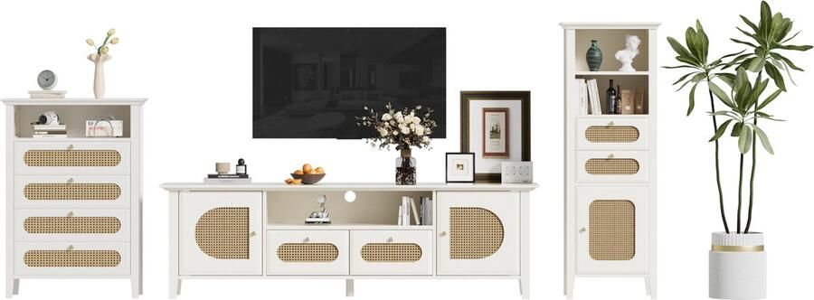 Merax Rattan Woonkamer Meubelset TV-Schrank en Opbergkast Set met Massief Houten Poten Wit