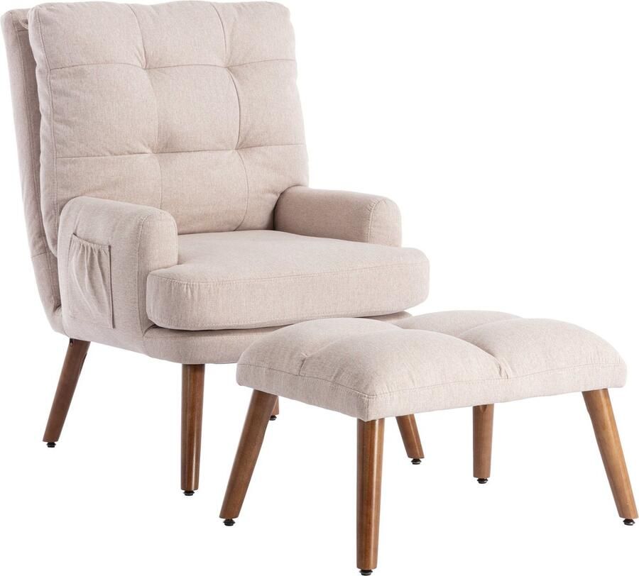 Merax Relaxfauteuil met Voetenbank Luxe Fauteuil met Verstelbare Rugleuning Stoel met Handig Zijvak Beige