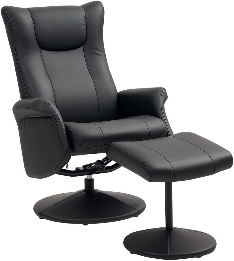 Merax Relaxfauteuil Zwart Kunstleer – Met Hocker en Verstelbare Rugleuning – 360° Draaibare TV-Stoel – Comfortabele Loungestoel voor Woonkamer tot 150 kg